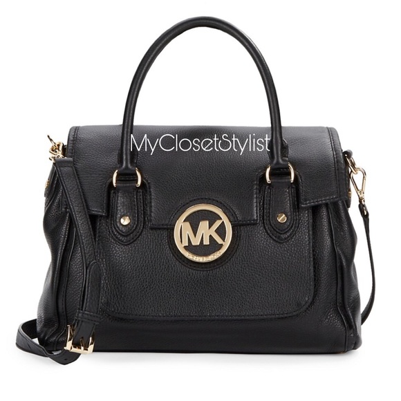 MICHAEL KORS NEW Leather Black Satchel Purse Gold Logo Shoulder Crossbody Strap - Picture 1 of 4